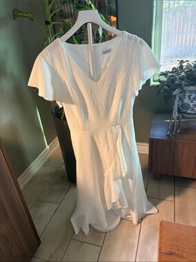 Flowy White V-Neck Ruffle Midi Dress